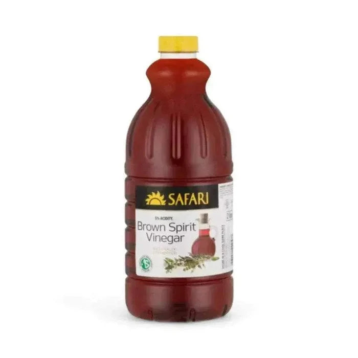 Safari Brown Vinegar 2L bottle with a vibrant label, ideal for enhancing salads and chicken dishes.