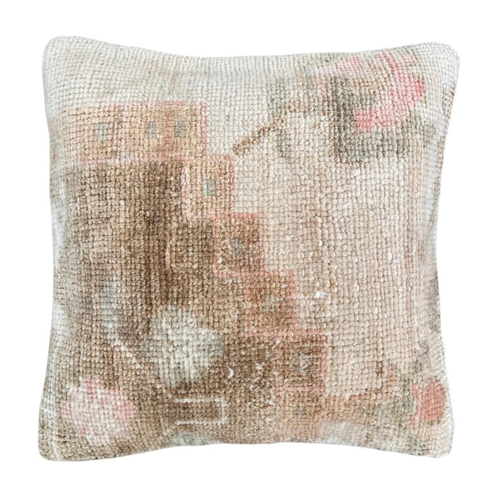 Handmade traditional Turkish oushak pillow cover made with vintage rugs 16x16 beige tan taupe