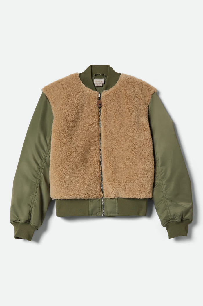 Women's Sherpa Surplus Bomber Jacket in the color Olive Surplus - Front Product View