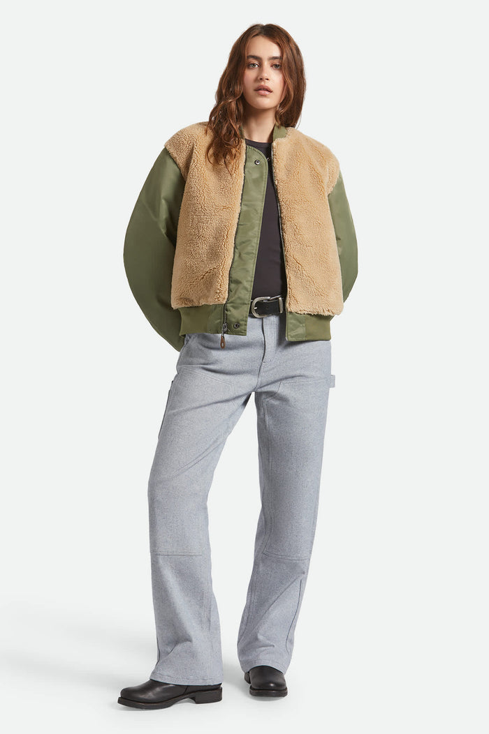 Women's Sherpa Surplus Bomber Jacket in the color Olive Surplus - Additional Fit image