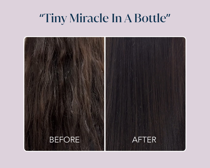 Tiny Miracle in a bottle" Comparison of frizzy vs sleek and shiny hair labeled Before and After