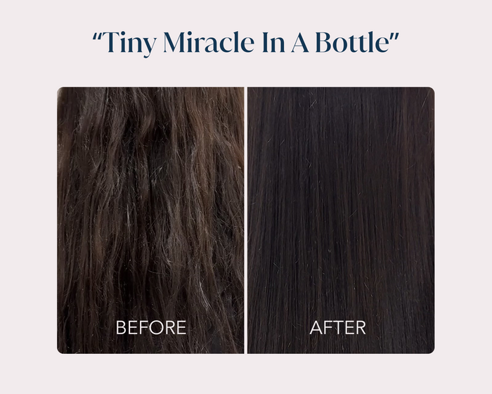 Before and after comparison of hair treatment with text 'Tiny Miracle In A Bottle'.