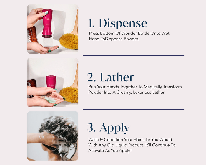Instructions for using Small Wonder Shampoo with images of hands dispensing & applying the product.