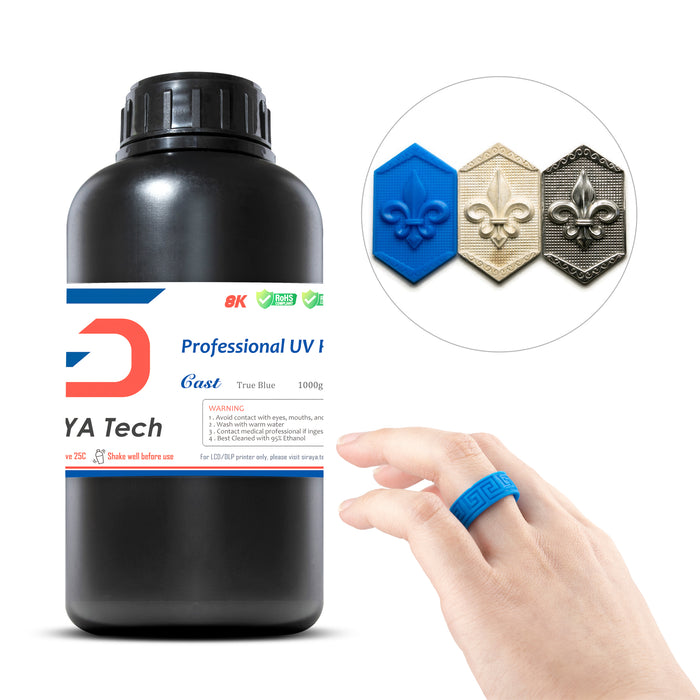 True Blue Castable resin by Siraya Tech with 3D Printed Ring on Left Ring Finger