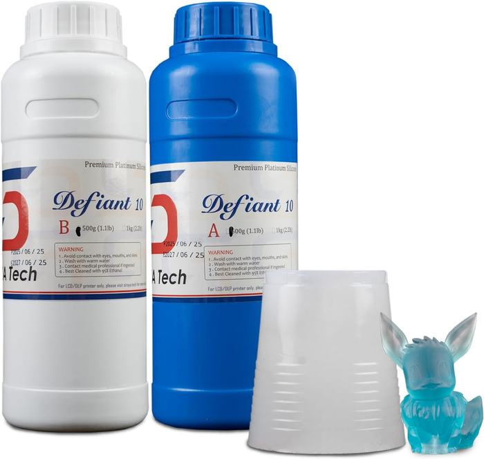 platinum silicone two-part kit A blue B white bottles 10A with cast figurine mixing cup