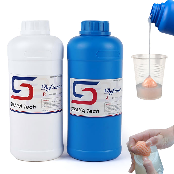 platinum silicone two-part kit parts A and B bottles in white and blue with casting demo