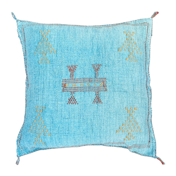 Artisanal Handmade Moroccan embroidered cactus silk sabra pillow bright turquoise blue handwoven