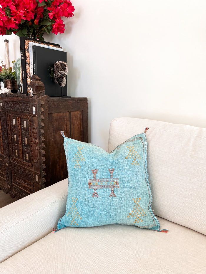 Artisanal Handmade Moroccan embroidered cactus silk sabra pillow bright turquoise blue handwoven