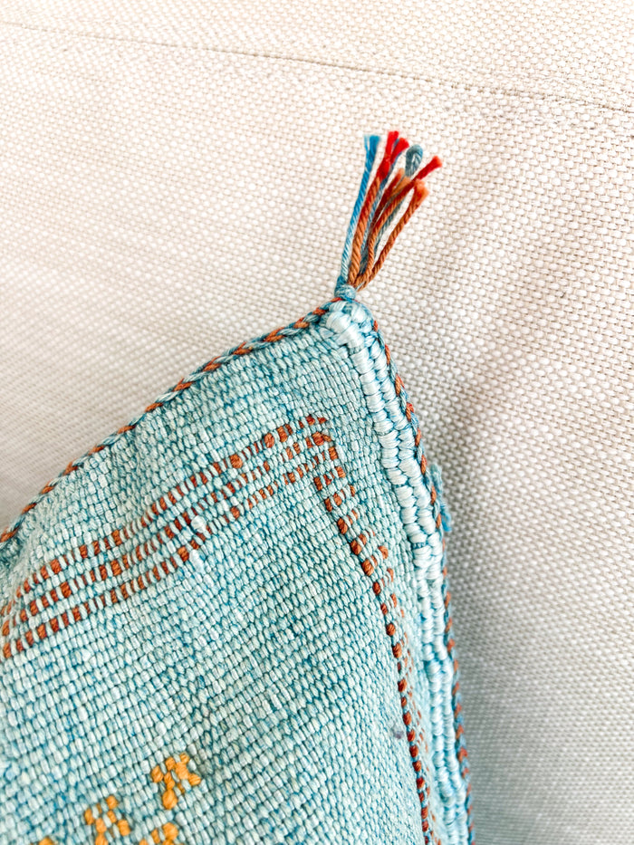 Artisanal Handmade Moroccan embroidered cactus silk sabra pillow bright turquoise blue handwoven