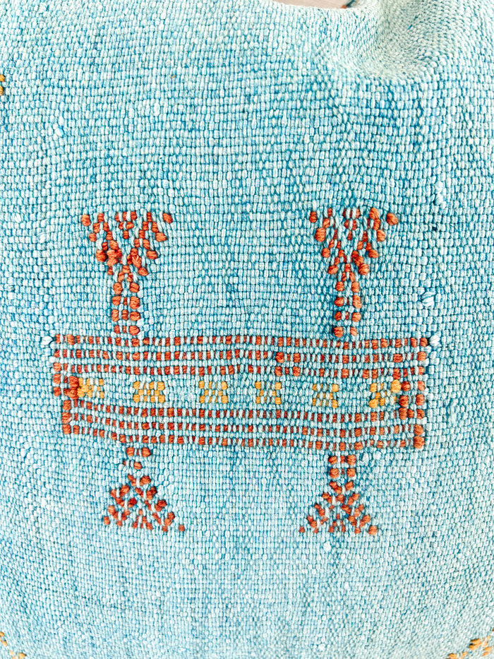 Artisanal Handmade Moroccan embroidered cactus silk sabra pillow bright turquoise blue handwoven