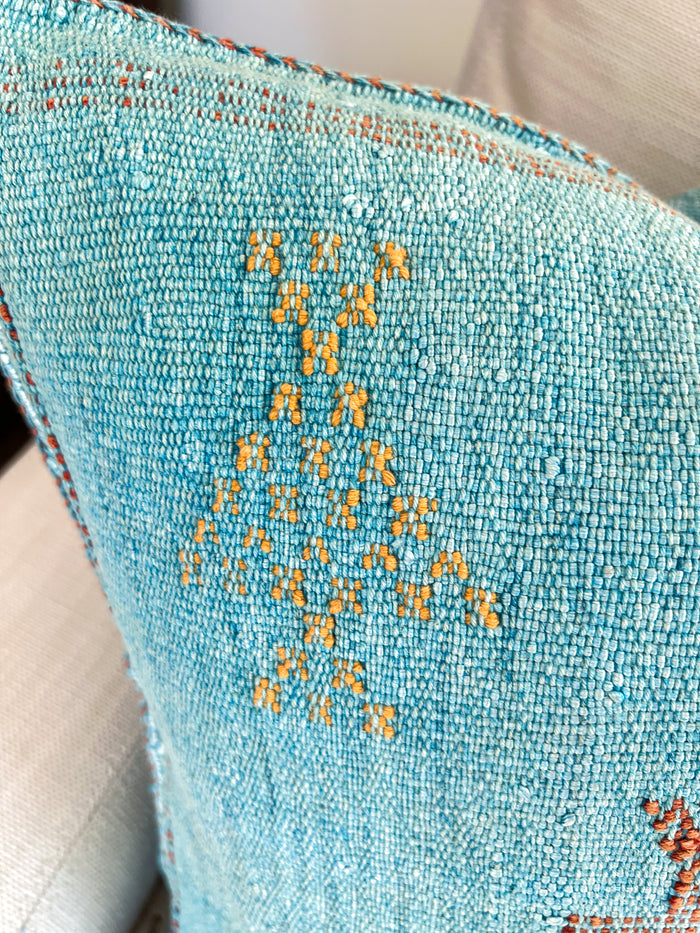 Artisanal Handmade Moroccan embroidered cactus silk sabra pillow bright turquoise blue handwoven