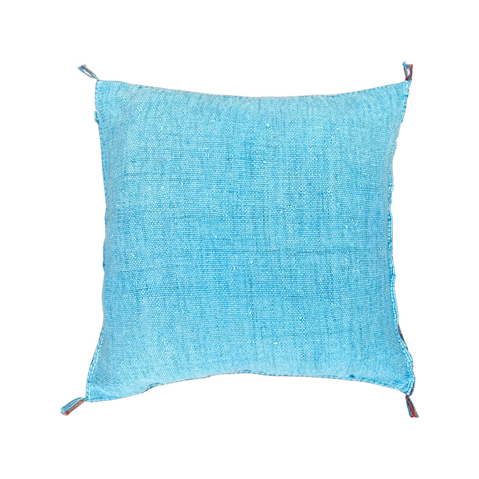 Artisanal Handmade Moroccan embroidered cactus silk sabra pillow bright turquoise blue handwoven