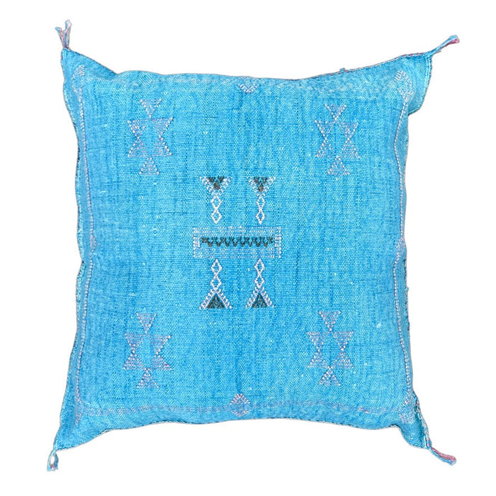 Artisanal Handmade Moroccan embroidered cactus silk sabra pillow bright turquoise blue handwoven