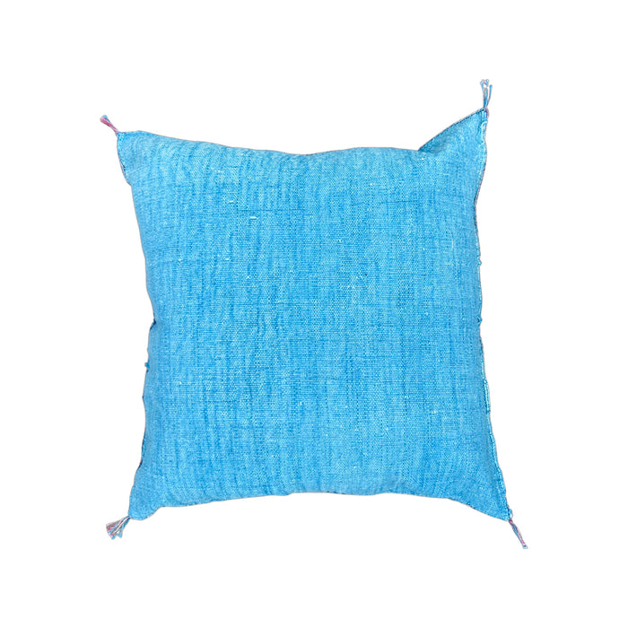 Artisanal Handmade Moroccan embroidered cactus silk sabra pillow bright turquoise blue handwoven