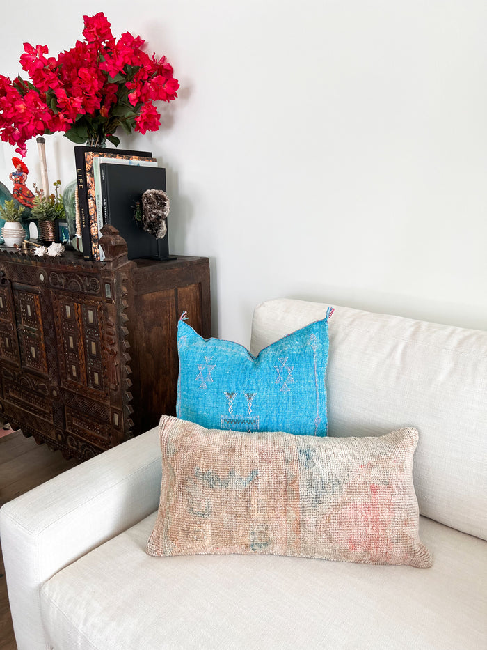Artisanal Handmade Moroccan embroidered cactus silk sabra pillow bright turquoise blue handwoven