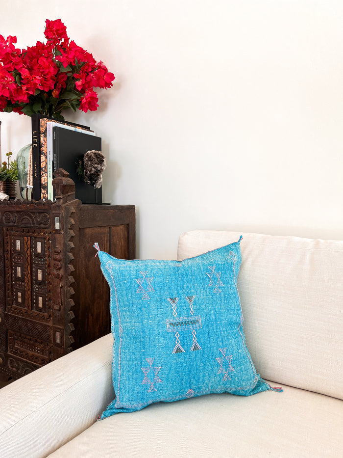 Artisanal Handmade Moroccan embroidered cactus silk sabra pillow bright turquoise blue handwoven