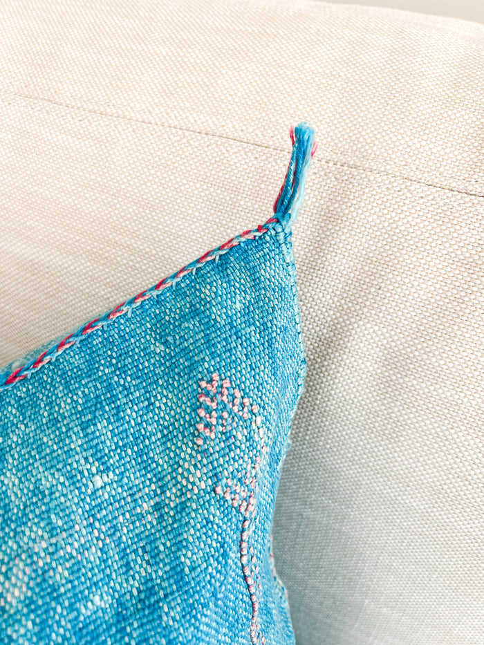 Artisanal Handmade Moroccan embroidered cactus silk sabra pillow bright turquoise blue handwoven