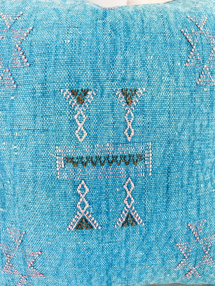 Artisanal Handmade Moroccan embroidered cactus silk sabra pillow bright turquoise blue handwoven