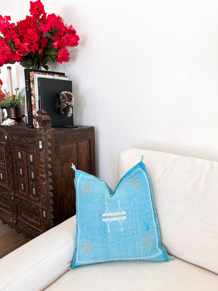 Artisanal Handmade Moroccan embroidered cactus silk sabra pillow bright turquoise blue handwoven