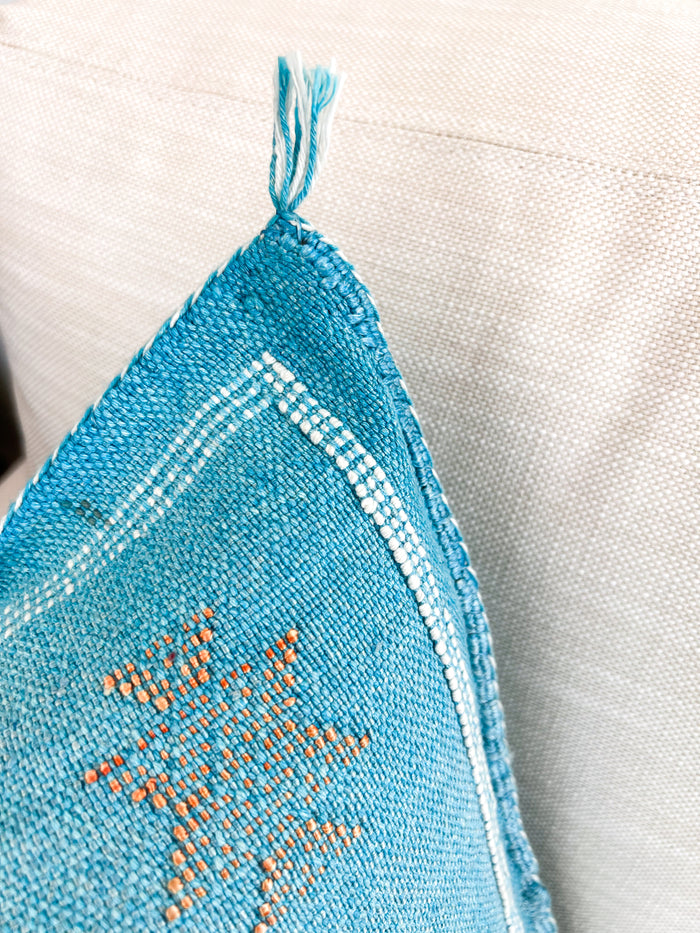Artisanal Handmade Moroccan embroidered cactus silk sabra pillow bright turquoise blue handwoven