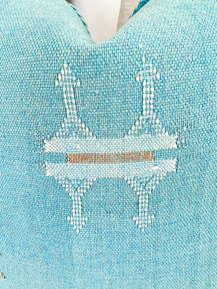 Artisanal Handmade Moroccan embroidered cactus silk sabra pillow bright turquoise blue handwoven