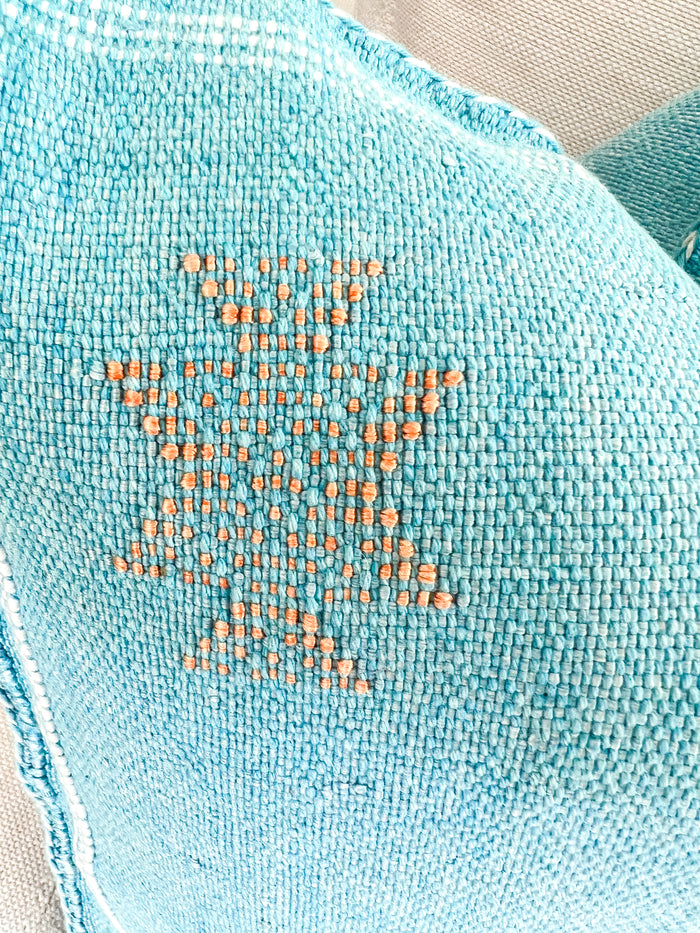 Artisanal Handmade Moroccan embroidered cactus silk sabra pillow bright turquoise blue handwoven
