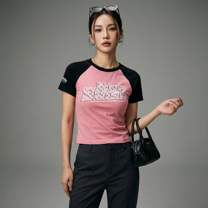 T-Shirt slim femme imprimé col rond bleu clair - Koreanxwear - Taille S