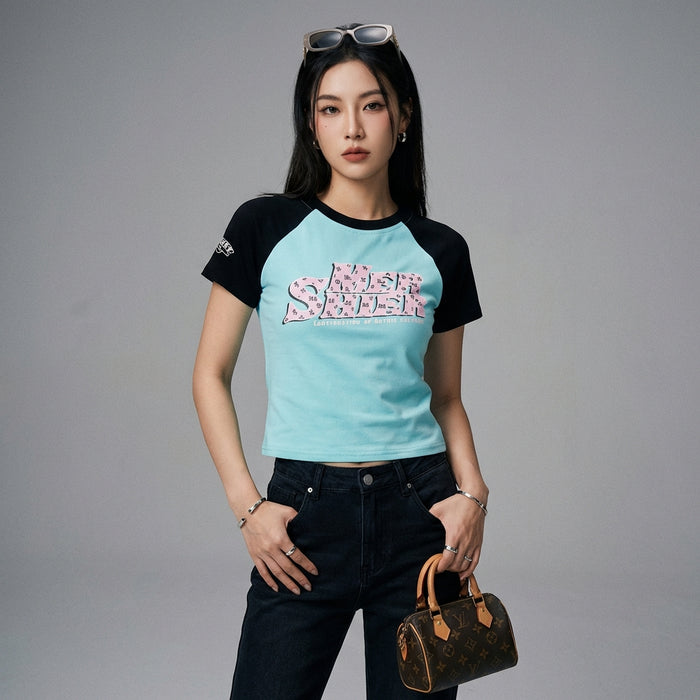 T-Shirt slim femme imprimé col rond bleu clair - Koreanxwear - Taille S