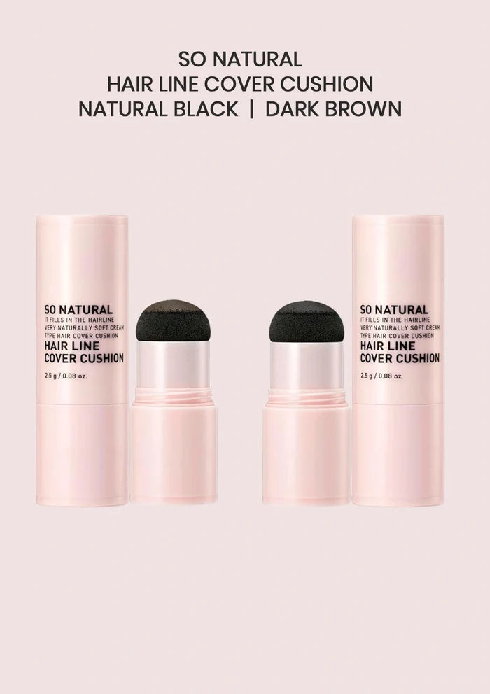 Three hair line cover cushion products with black applicators on a light pink background.