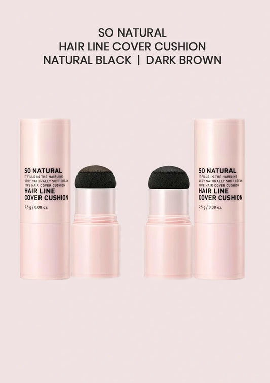 Three hair line cover cushion products with black applicators on a light pink background.