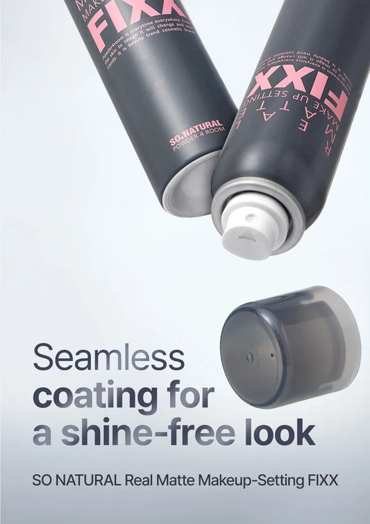 Two tubes of SO NATURAL Real Matte Makeup-Setting FIXX on a light gray background with text about a shine-free look.