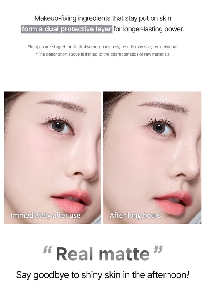 Before and after comparison of a woman's face with makeup application, emphasizing long-lasting power.