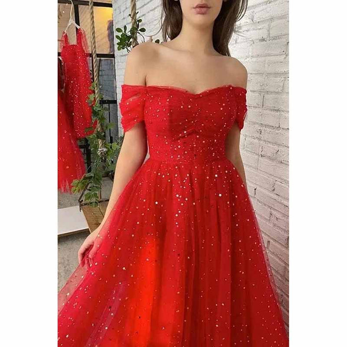 Sparkly Tulle Prom Dresses Off Shoulder Pleated Formal Evening Party Gowns