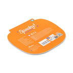 The back of an orange Spooky! Halloween toy packaging card, featuring product details, safety regulations, and a barcode, on a solid white background.