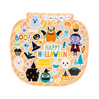 A Halloween-themed sticker sheet featuring various cute cartoon monsters, ghosts, pumpkins, a vampire, a witch hat, and the words 'HAPPY HALLOWEEN' on an orange striped background.