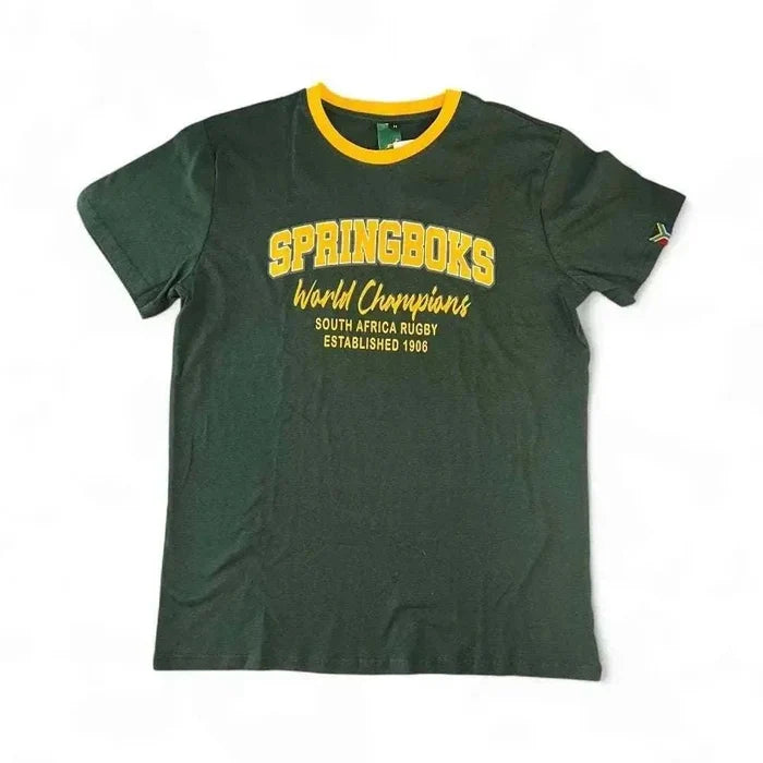 Green Springbok Official Licensed Supporter T-Shirt with yellow trim and printed World Champions text