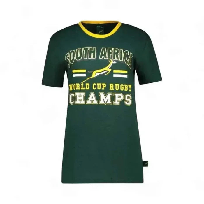 Springbok Official Licensed Supporter T-Shirt in dark green with South Africa and World Cup Rugby Champs text, cotton fabric, 2XL size