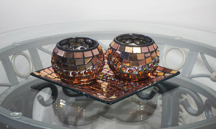 Square Plate with 2 Round Tealight Candle Holders in Metallic Rose Gold