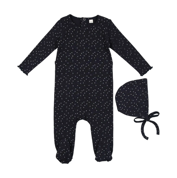 Star Print Footie+Bonnet-Dark Navy