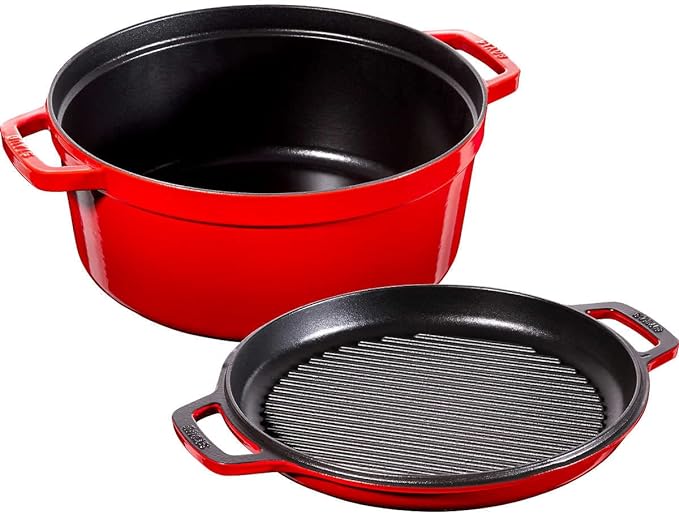 Staub 3 in 1 cocotte braise & grill set 28cm in color cerise cherry - Shoppers-kart.com