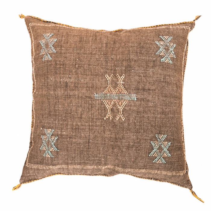 Artisanal Handmade Moroccan embroidered cactus silk sabra pillow brown handwoven