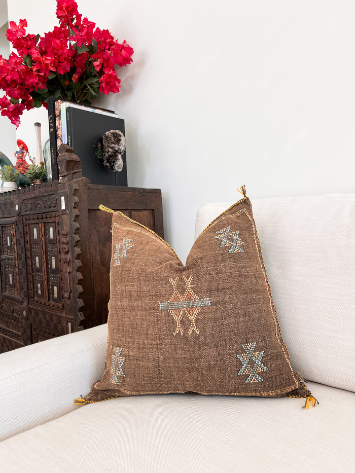 Artisanal Handmade Moroccan embroidered cactus silk sabra pillow brown handwoven