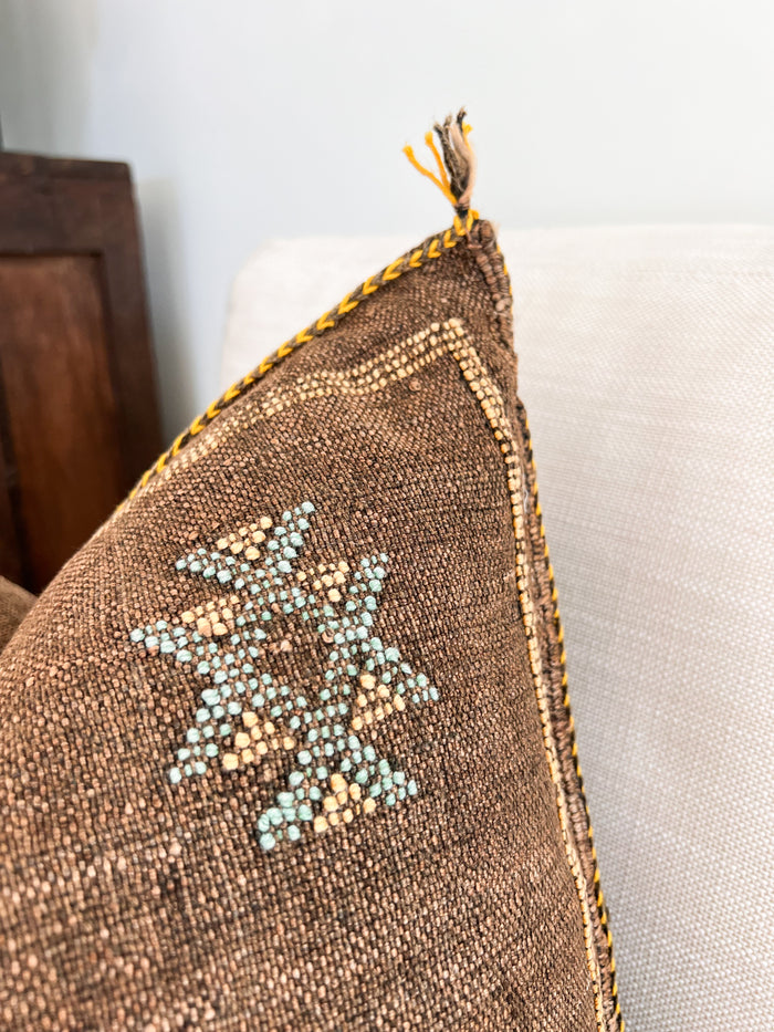Artisanal Handmade Moroccan embroidered cactus silk sabra pillow brown handwoven