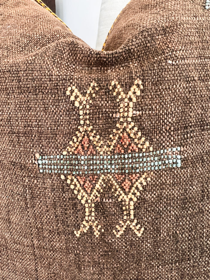 Artisanal Handmade Moroccan embroidered cactus silk sabra pillow brown handwoven