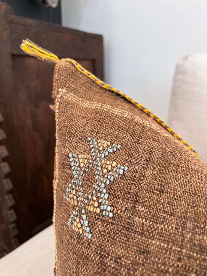 Artisanal Handmade Moroccan embroidered cactus silk sabra pillow brown handwoven