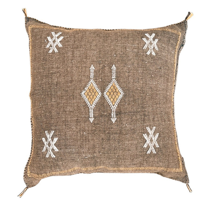 Artisanal Handmade Moroccan embroidered cactus silk sabra pillow brown handwoven
