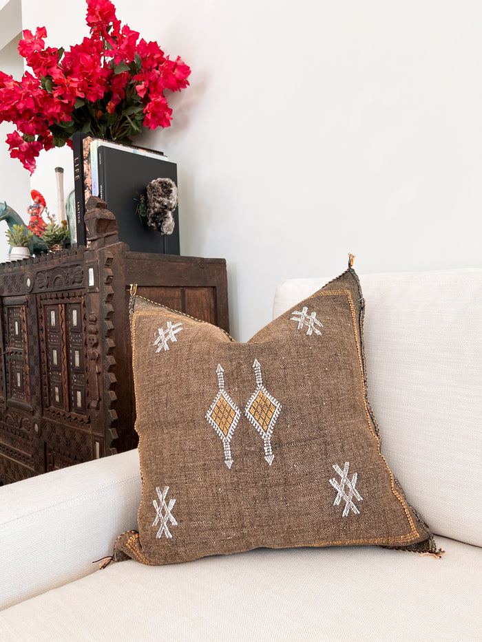 Artisanal Handmade Moroccan embroidered cactus silk sabra pillow brown handwoven