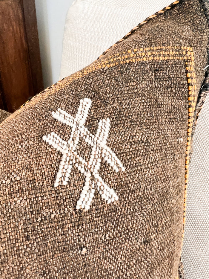 Artisanal Handmade Moroccan embroidered cactus silk sabra pillow brown handwoven