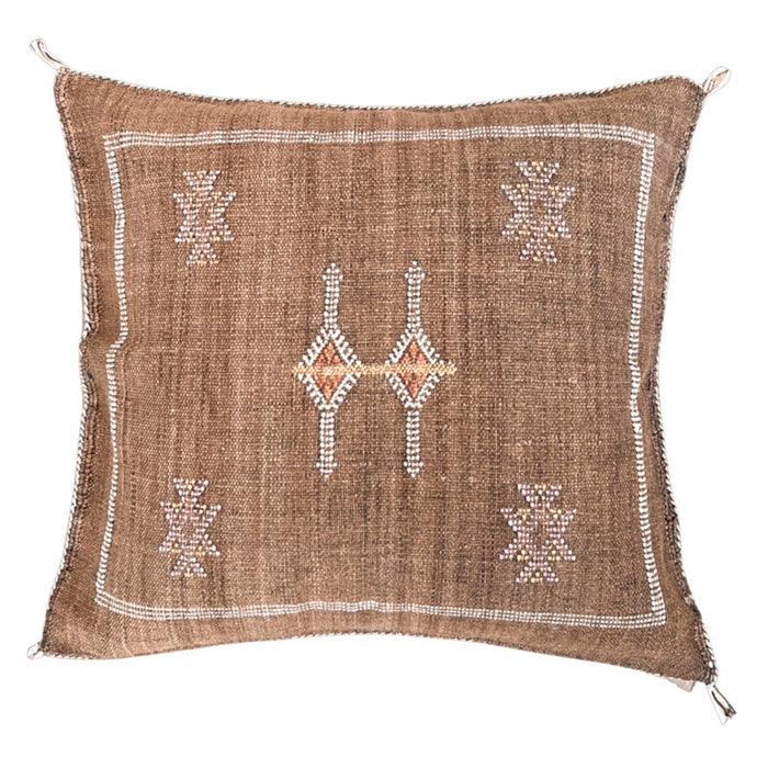 Artisanal Handmade Moroccan embroidered cactus silk sabra pillow brown handwoven