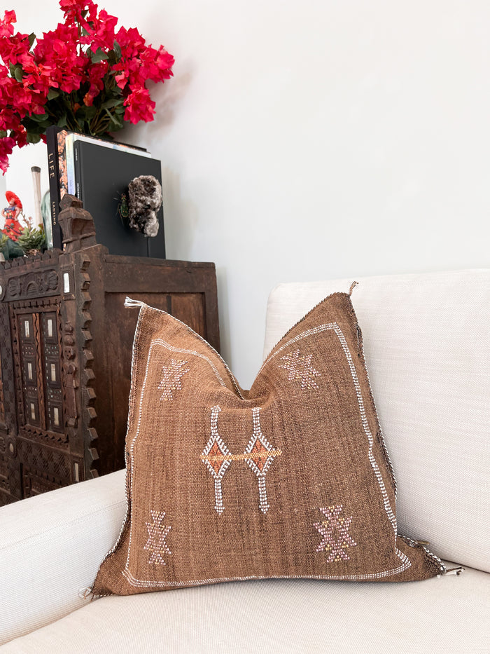 Artisanal Handmade Moroccan embroidered cactus silk sabra pillow brown handwoven
